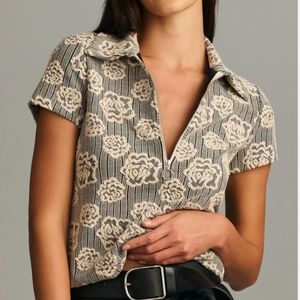 Anthropologie Maeve Floral Jacquard Zip-Up Short-Sleeve Polo Jumper XS NWT
